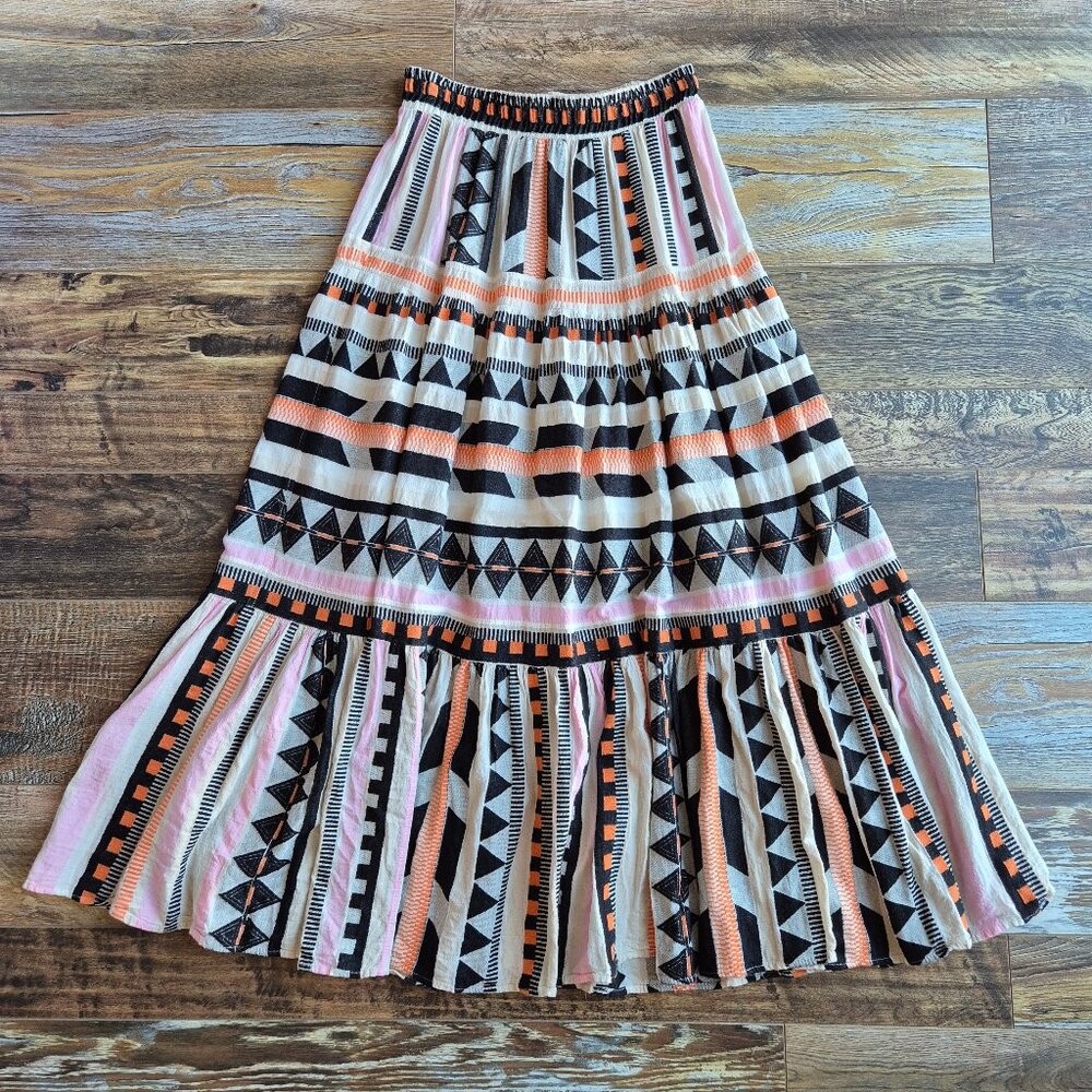 Devotion Twins Psarou Maxi Skirt Tiered Elastic Waist Black Orange Assorted - Picture 5 of 14